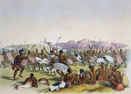'Zulu Hunting Dance near the Engooi Mountains', 1849. Artist: George French Angas