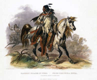 A Blackfoot Indian on horseback, 1843. Artist: Leopold Beyer