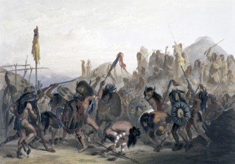 'Bison-Dance of the Mandan Indians in front of their Medicine Lodge in the Mih-Tutta-Hankush', 1843. Creator: Alexandre Manceau.