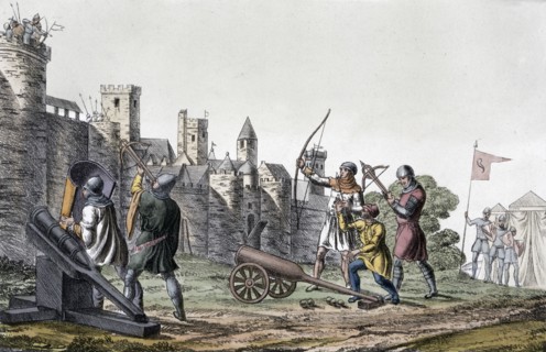 Soldiers and artillery of the 15th century besieging a walled town, 19th century. Artist: Unknown