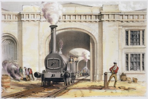 Entrance to the locomotive engine house, Camden Town, London, 1839. Artist: John Cooke Bourne