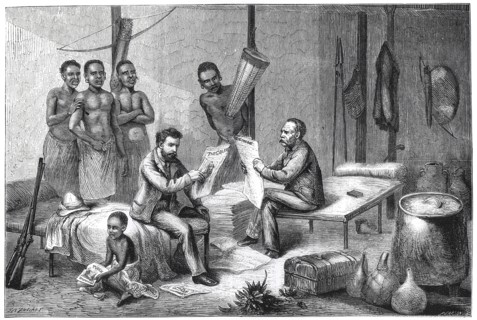 Livingstone and Stanley receiving newspapers in Central Africa, 1871-1873. Artist: Pearson