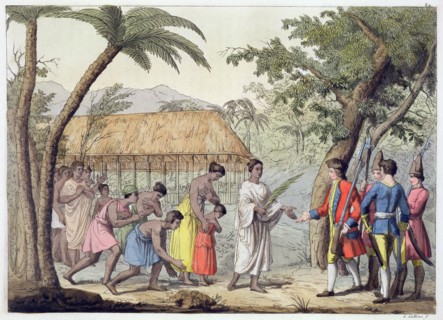 Captain Samuel Wallis being received by Queen Oberea on the Island of Tahiti, 1767 (19th century). Artist: Gallo Gallina