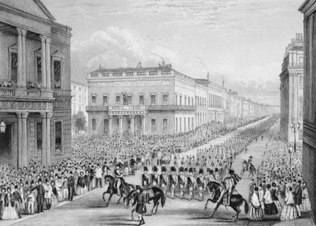 Wellington's funeral procession passing the Senior United Service Club, Pall Mall, London, 1852. Artist: Thomas Hosmer Shepherd