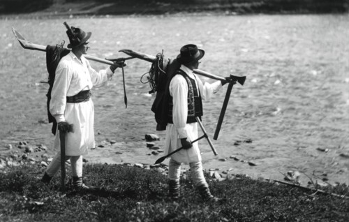 Foresters carrying their tools, Bistrita Valley, Moldavia, north-east Romania, c1920-c1945. Artist: Adolph Chevalier