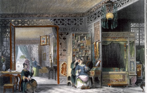 Boudoir and bedchamber of a lady of rank, China, 1843. Artist: Thomas Allom