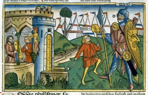 David defeats Goliath and meets Saul. Artist: Unknown