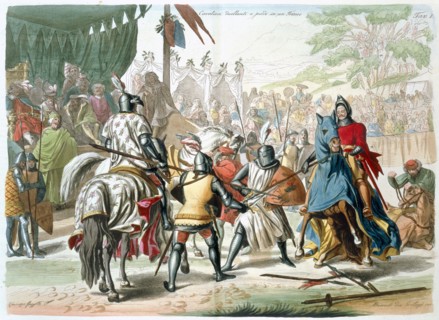 Knights duelling on foot in a tournament, 19th century. Artist: G Lago