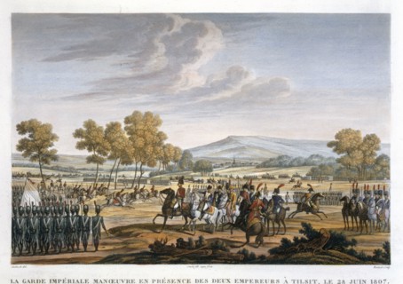'The Imperial Guard Manoeuvring in the Presence of the Two Emperors at Tilsit, 28 June 1807'.  Artist: Edme Bovinet