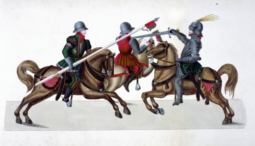 Three knights jousting at a tournament, 1842. Artist: Friedrich Martin von Reibisch