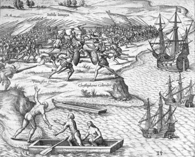 Battle in Jamaica between Christopher Columbus and Francisco Poraz, 1504 (1631). Creator: Theodor de Bry.