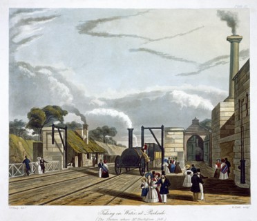 'Taking in Water at Parkside', Liverpool and Manchester Railway, 1833. Artist: Henry Pyall