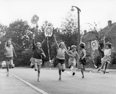 Children flying kites, Horley, Surrey, c1965-1975(?).