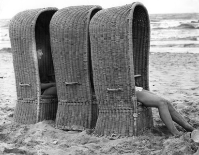 Basket shelters on a beach in Belgium, 1966.