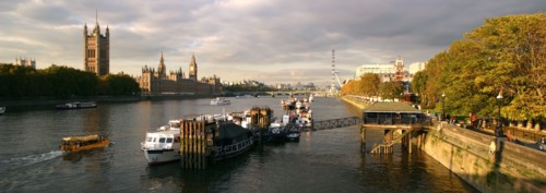 Panoramic view along the River Thames, London.