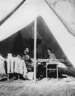 President Lincoln in General McClellan's tent after the Battle of Antietam, 1862. Artist: Unknown
