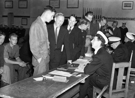 Young men enrolling for compulsory military service, Skepsholmen, Stockholm, 8th September 1939. Artist: Karl Sandels