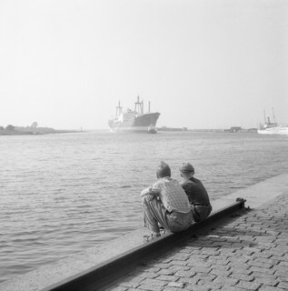 Two boys watching shipping in the harbour of Landskrona, Sweden, 1956. Artist: Unknown