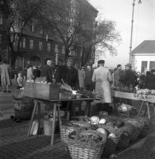 Fruit and vegetable stall in the market, Malmö, Sweden, 1947. Artist: Otto Ohm