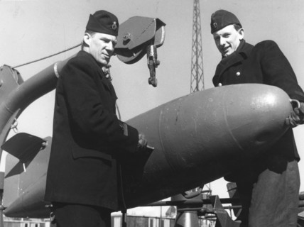 Two sailors with a torpedo, Sweden, 1955. Artist: Unknown