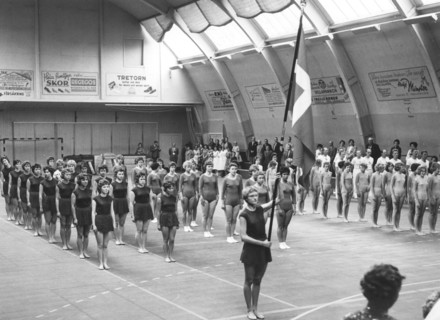 Female gymnasts parade in a gymnasium, Swedish National Day, Trelleborg, Sweden, 1969. Artist: Unknown