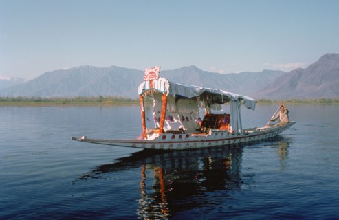 Shikara (traditional wooden boat) on Dal Lake, Srinagar, Kashmir, India.