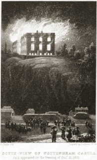 Nottingham Castle on fire, viewed from the south, 1831. Artist: George Childs