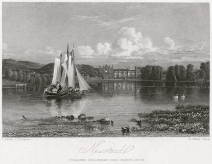 West aspect of Newstead Abbey and upper lake, Nottinghamshire, 1828. Artist: R Wallis