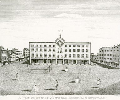 West prospect of Nottingham Market Place, Nottinghamshire, 1726. Artist: T Shore