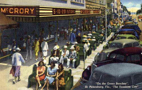 'On the Green Benches, St Petersburg, Florida, The Sunshine City', USA, 1940. Artist: Unknown