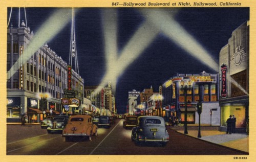 Hollywood Boulevard at night, Hollywood, Los Angeles, California, USA, 1940. Artist: Unknown