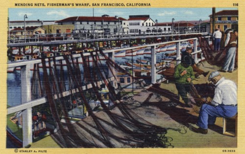 Mending nets, Fisherman's Wharf, San Francisco, California, USA, 1940. Artist: Unknown
