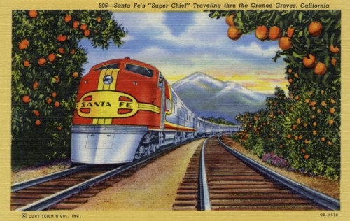 Santa Fe's 'Super Chief' travelling through orange groves, California, USA, 1940. Artist: Unknown