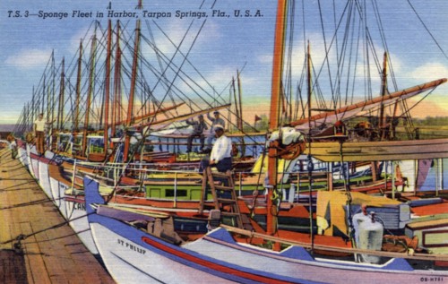Sponge fleet in the harbour, Tarpon Springs, Florida, USA, 1940. Artist: Unknown