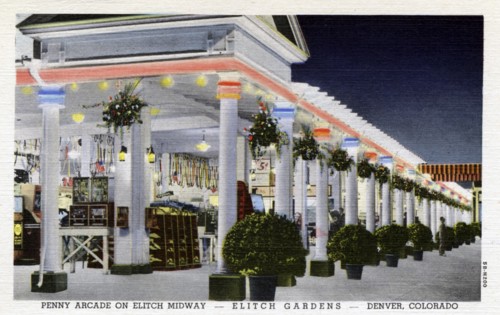 Penny arcade on Elitch's Midway, Elitch Gardens, Denver, Colorado, USA, 1945. Artist: Unknown
