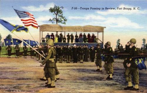 Troops passing in review, Fort Bragg, North Carolina, USA, 1945. Artist: US Army Signal Corps