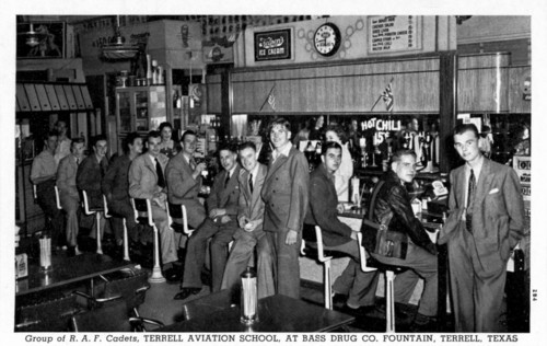 Group of RAF cadets at Bass Drug Co Fountain, Terrell, Texas, USA, 1942. Artist: Unknown