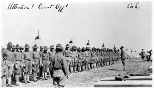 'Attention! Count Off!'; soldiers at Fort Sheridan, Illinois, USA, 1920. Artist: Unknown