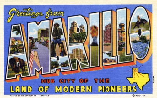 'Greetings from Amarillo, Hub City of the Land of Modern Pioneers', postcard, 1939. Artist: Unknown