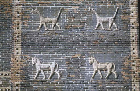 Dragons and bulls, glazed bricks, Ishtar Gate, Babylon, Iraq.