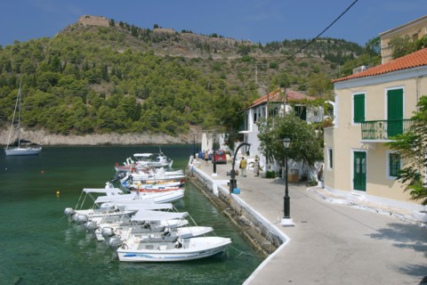 Boats at the quayside, Assos, Kefalonia, Greece.