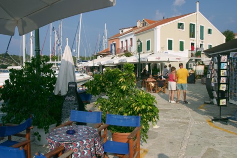 Restaurant on the waterfront in Fiskardo harbour, Kefalonia, Greece.