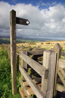 Public footpath sign and kissing gate, Longridge Fell, Lancashire.