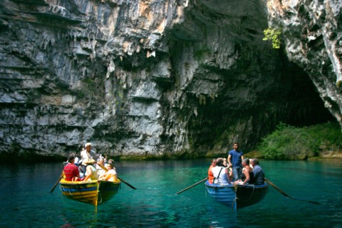 Tourist boat trip, Melissani Lake, Kefalonia, Greece.
