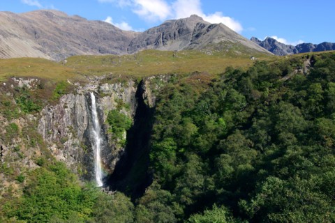Waterfall above Glen Brittle, Cuillin Hills, Isle of Skye, Highland, Scotland.
