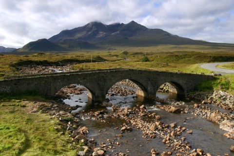 Sligachan Bridge and Sgurr nan Gillean, Skye, Highland, Scotland.