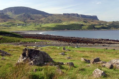 Distant view of the Quiraing, Isle of Skye, Highland, Scotland.