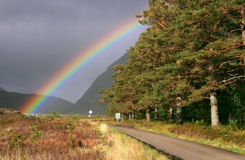 Rainbow over the road from Ullapool to Torridon, Highland, Scotland.