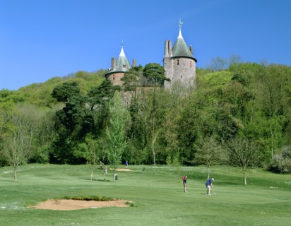 Golf course and Castell Coch, Tongwynlais, near Cardiff, Wales.