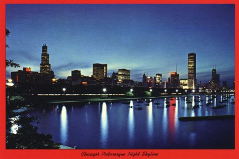 'Chicago's Picturesque Night Skyline', postcard, 1976. Artist: H Mark Weidman